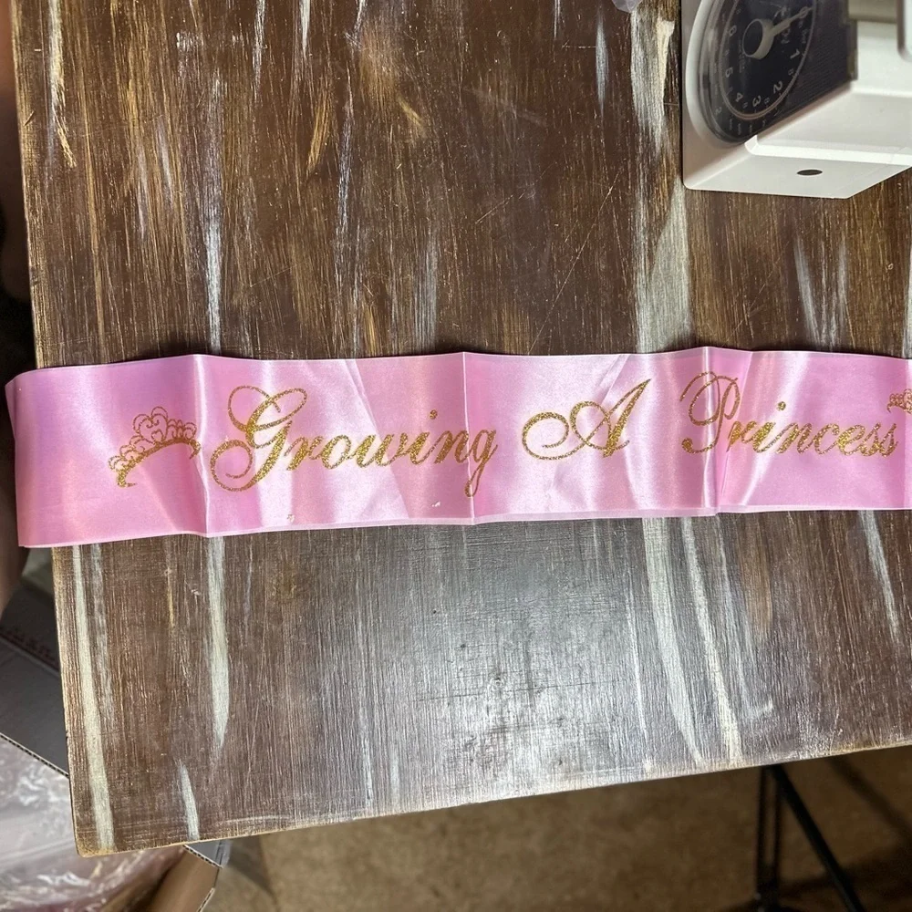 Baby shower in a box for girl. Banners. Chair covers. Crown 26 beaded necklace